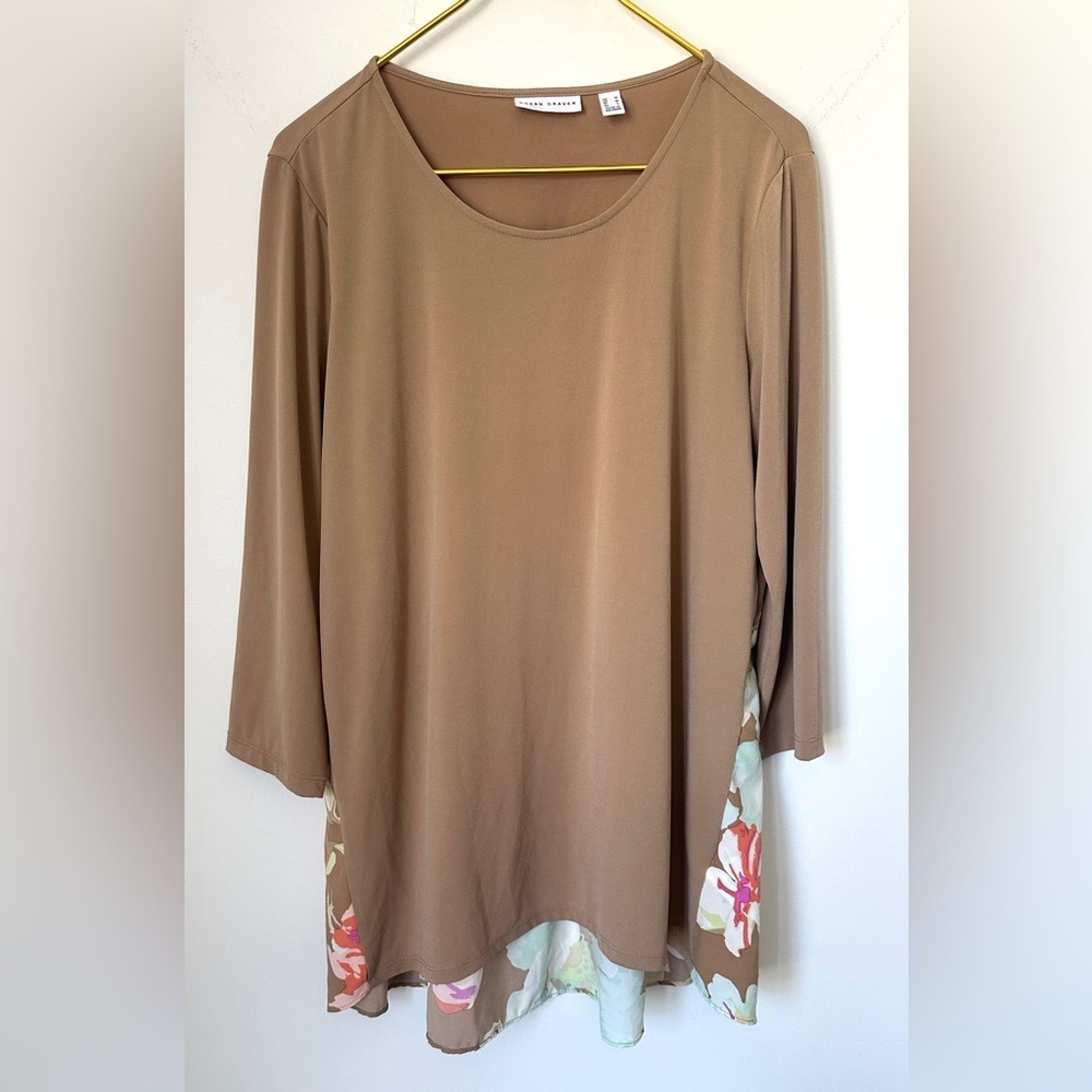 Susan Graver Brown Floral Lightweight Stretch 3/4 Sleeve Tunic Women’s Medium